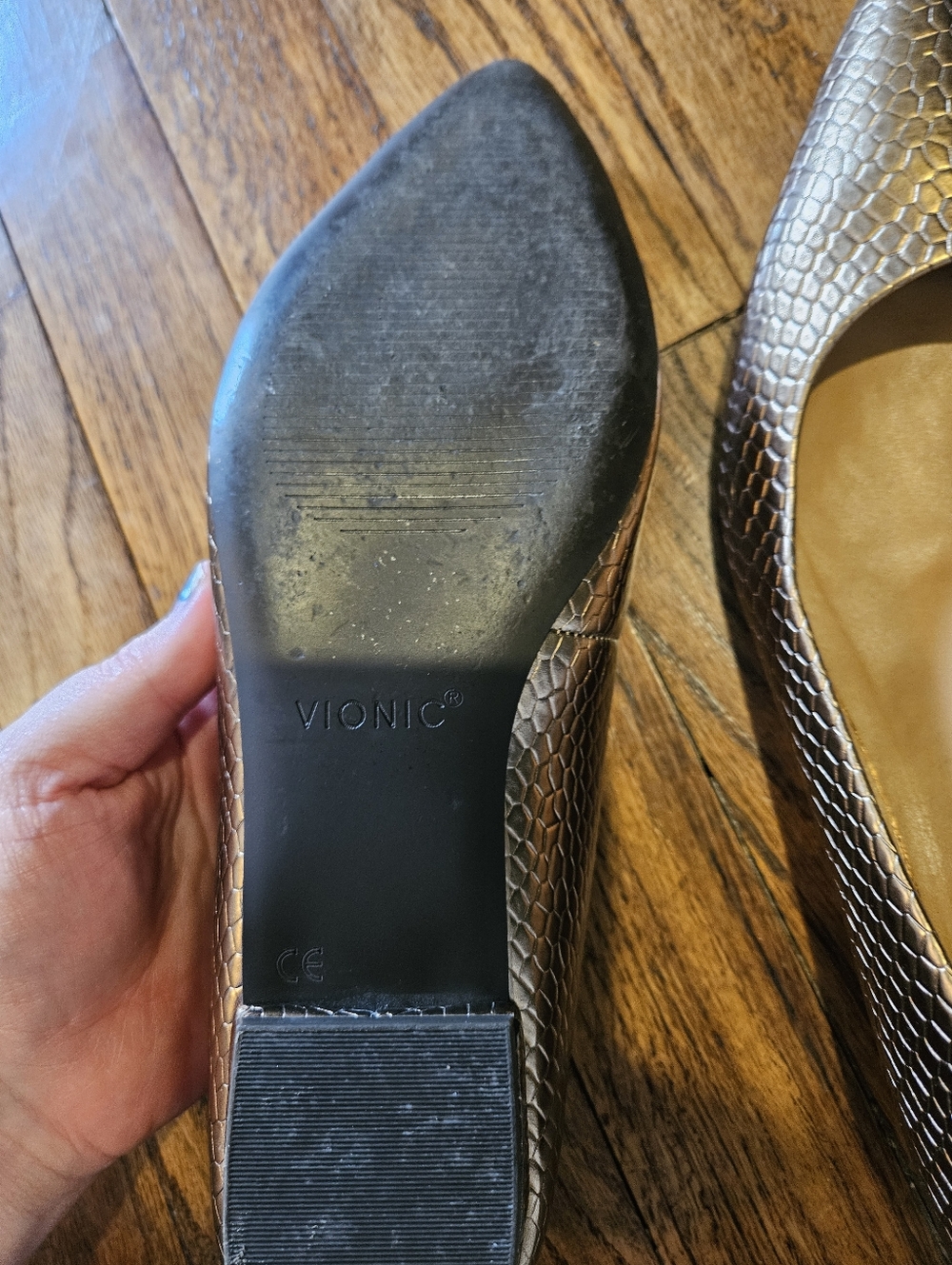 Vionic Metallic Bronze Snake-Texture Pointed-Toe Flats - Picture 3 of 5
